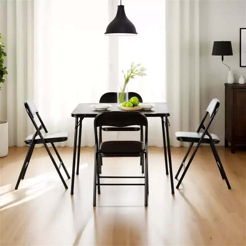 FurnitureR 5-Piece Folding Table and Chair Set  Portable Square Table with 4 Padded Chairs, Space-Saving Dining or Card Game Set for Home, Black