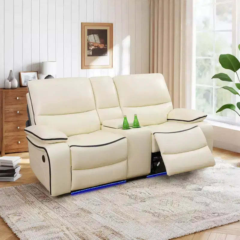 MAYEERTY Power Reclining Loveseat, Electric 2-Seat Leather Recliner with USB Charging, Storage & Cup Holders for Living Room, Off-White