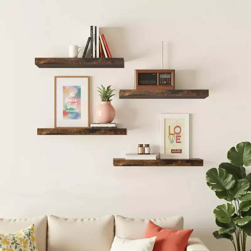 FurnitureR Floating Shelves for Wall, 15.75 Inch Wide Rustic Wood Decorative Wall Storage Rack, Invisible WallMounted Display Brown