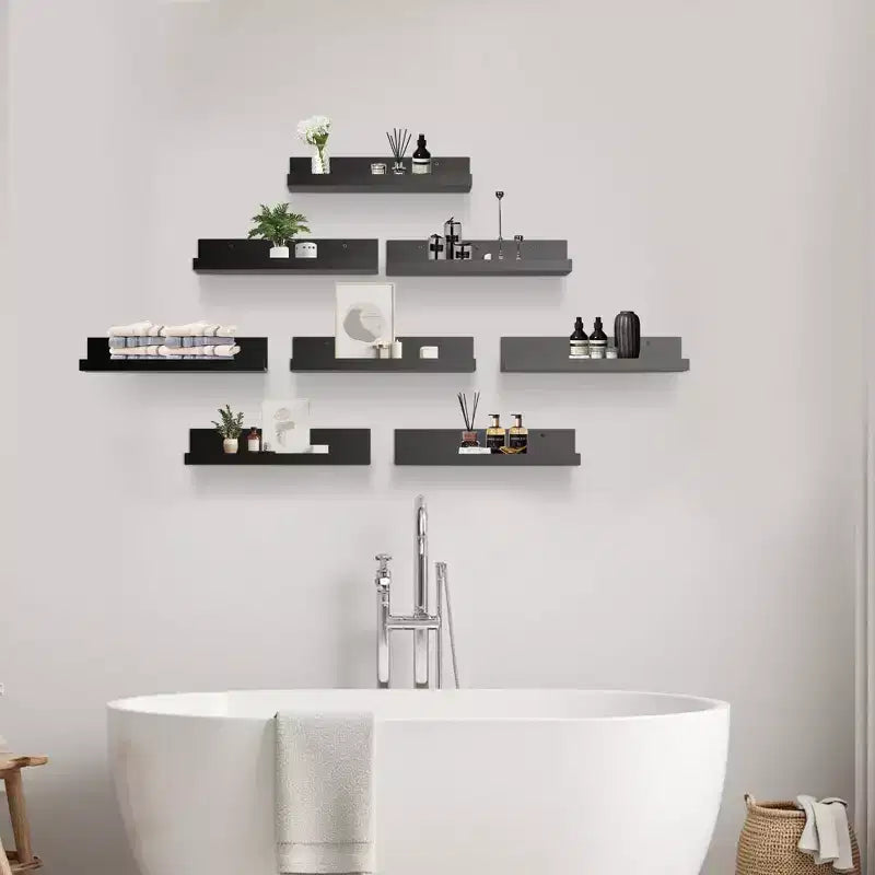 FurnitureR Set of 8 Floating Shelves for Wall, 15.75 Inch Wide Wooden WallMounted Display Ledge Set, Modern Storage Shelves for Bathroom, Black