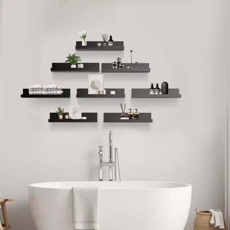 FurnitureR Set of 8 Floating Shelves for Wall, 15.75 Inch Wide Wooden WallMounted Display Ledge Set, Modern Storage Shelves for Bathroom, Black