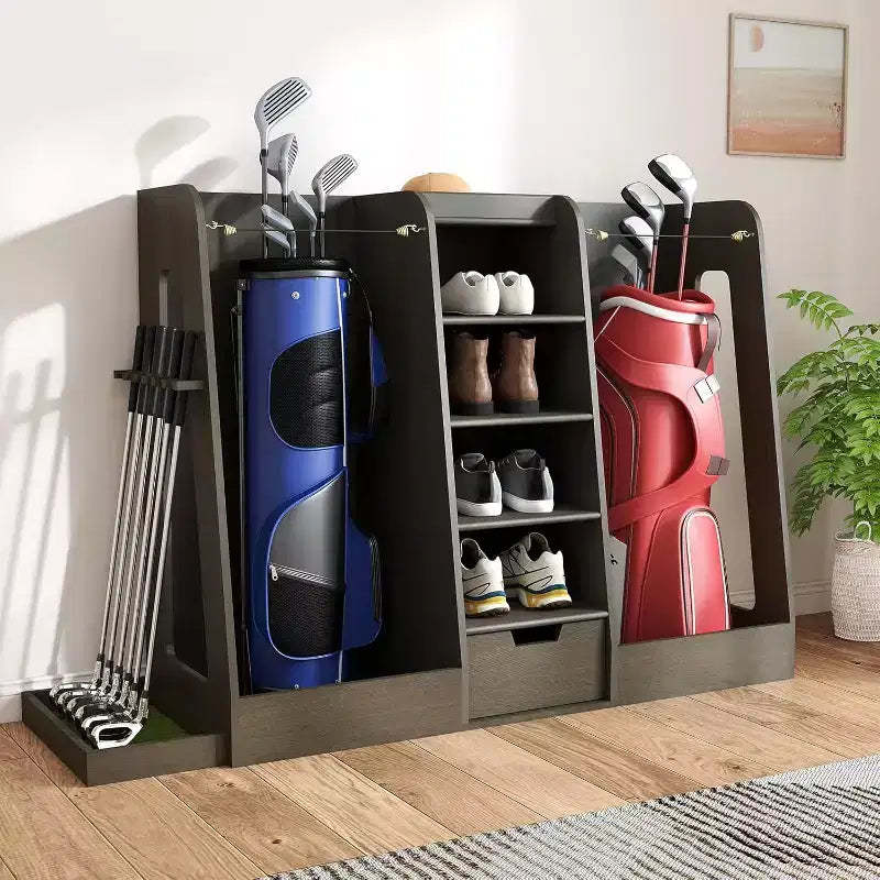 Zevemomo Wooden Golf Bag Organizer with 2 Drawers, Golf Storage Rack for Garage & Home, Golf Club Holder, Gray