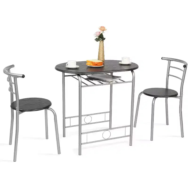 VINGLI 3 Piece Dining Set,Small Kitchen Table Set for 2,Kitchen Wooden Table and 2 Chairs for Small Space,Metal Frame,Wine Rack,Sliver&Black