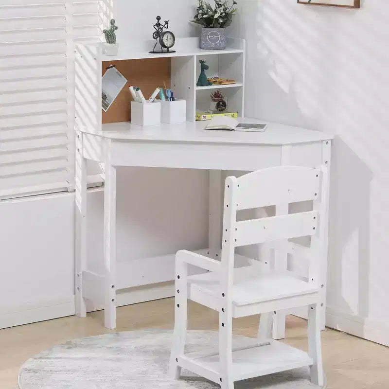 GustoWave Kids Desk and Chair Set, Wooden Corner Study Table with Bookshelf, Bulletin Board, and Pen Holder, Writing Table, White
