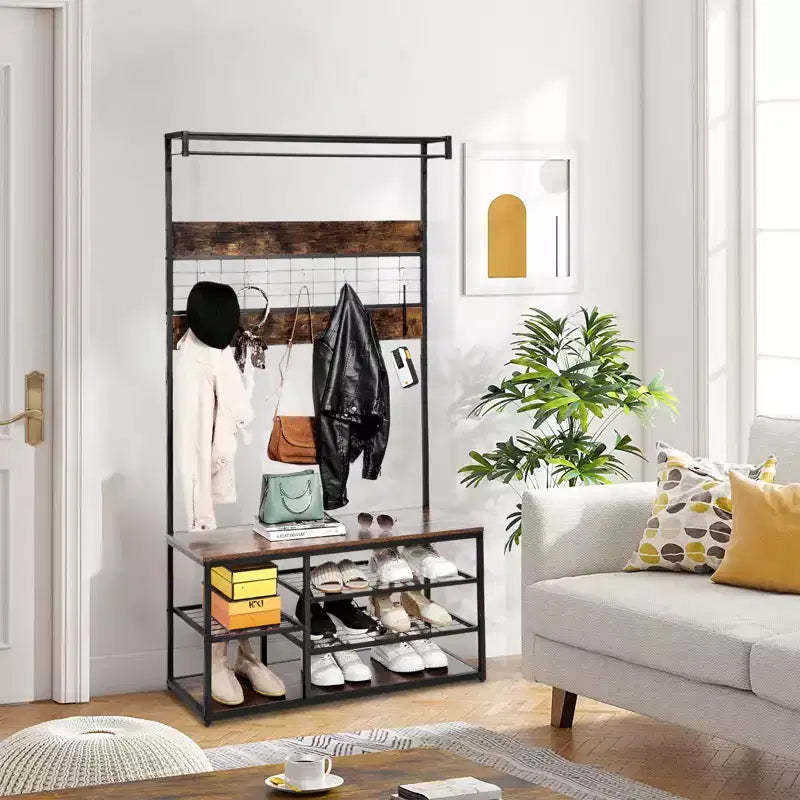 Brown 3-in-1 Entryway Bench with Shoe Storage & Coat Rack, Sturdy Hooks & Shelves, Space-Saving Design for Hallway, Living Room, Apartment