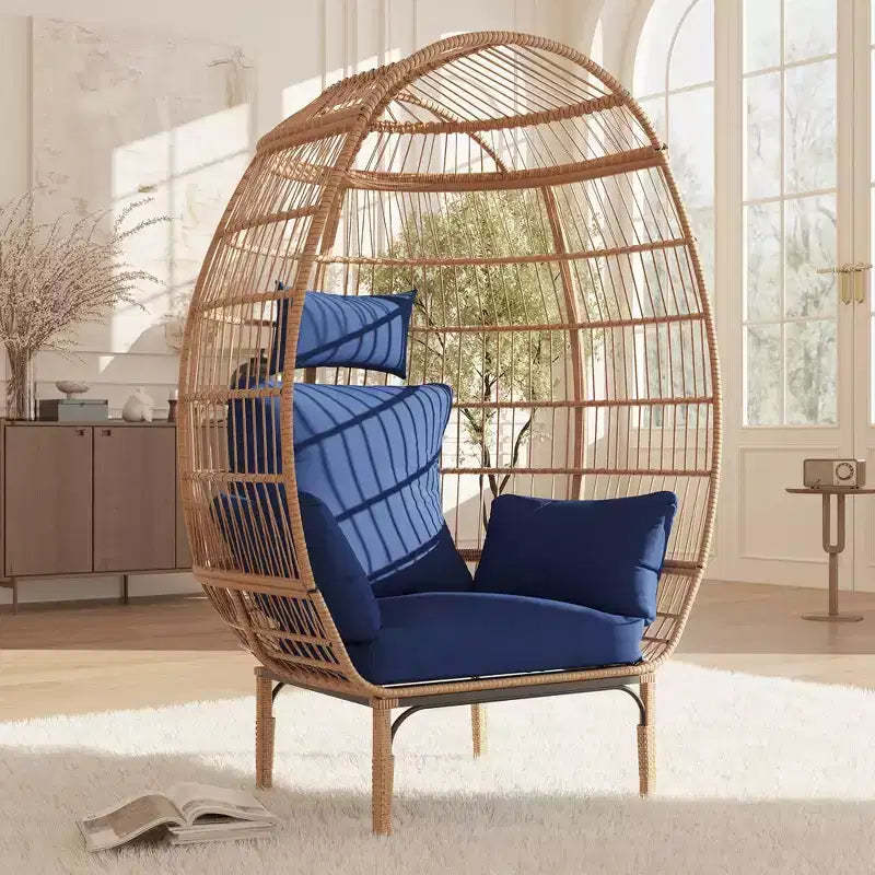 COZONY Oversized Wicker Egg Chair 500LBS, All-Weather Rattan Hanging Lounge Chair with 5 Cushions, Indoor Outdoor Patio Egg Chair for Backyard