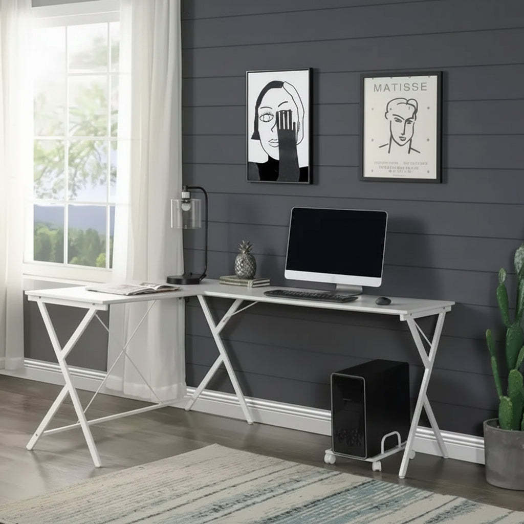 Okak 62IN Minimalism L-Shaped Desk with Cross Legs, Computer Desk with Ample Tabletop, Office Desk for Bedroom, Living Room, Office