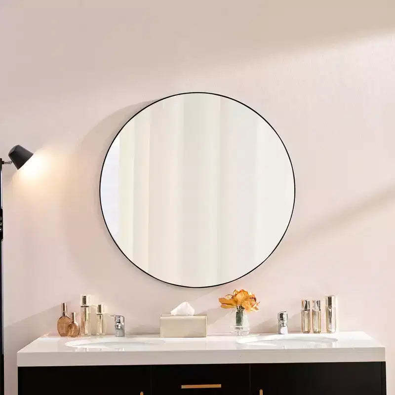 Okak 36IN Modern Round Mirror with Narrow Aluminum Frame, Wall Mount Bathroom Mirror, Vanity Mirror for Bathroom, Living Room, Black