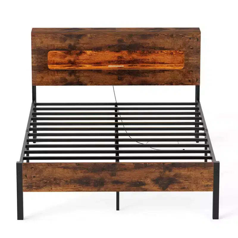 Costway Full Bed Frame with LED Lights Storage Headboard Power Outlets Strong Metal Support