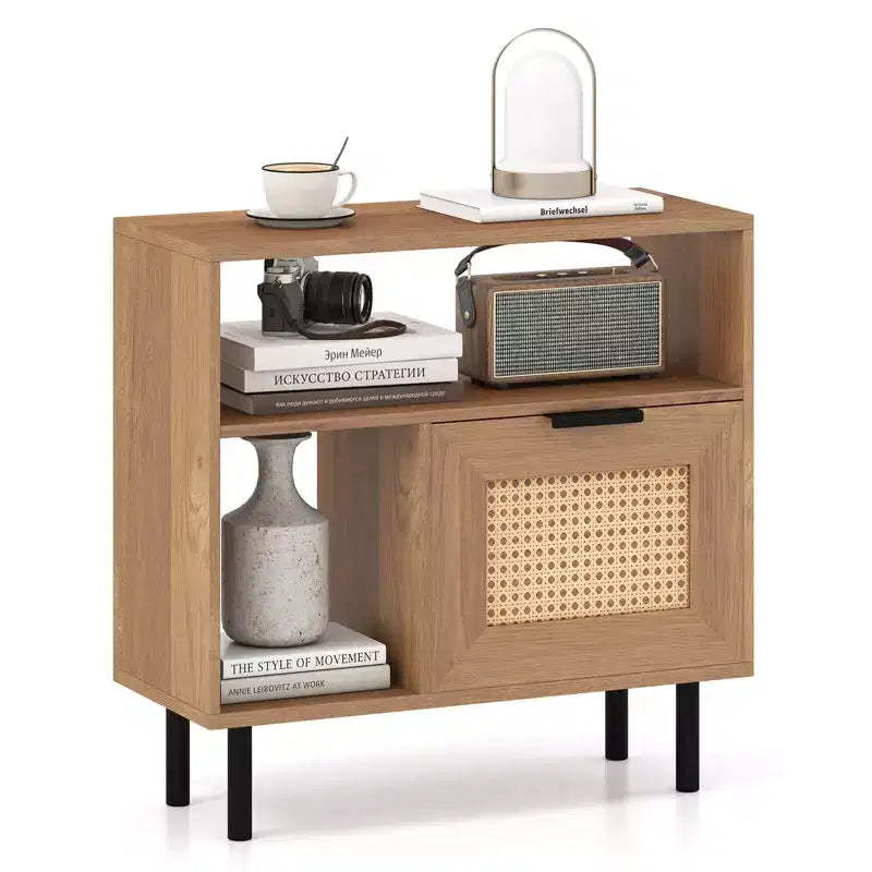 Costway Boho Rattan Nightstand Wooden End Table with Storage Shelf Cabinet & Metal Legs