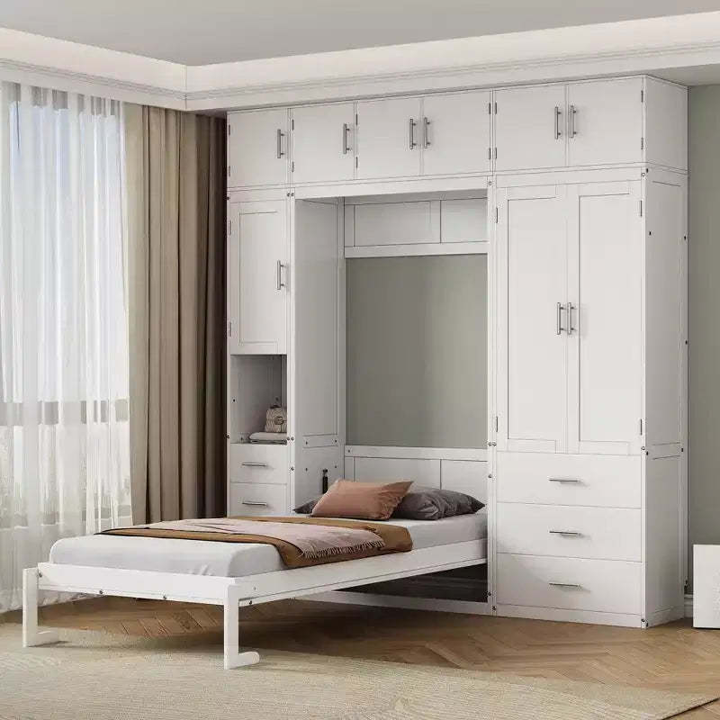 Murphy Bed Cabinet with Lockers and Storage Wardrobes Shelves, Wood Foldable Hidden Wall Platform Bedframe Chest, White