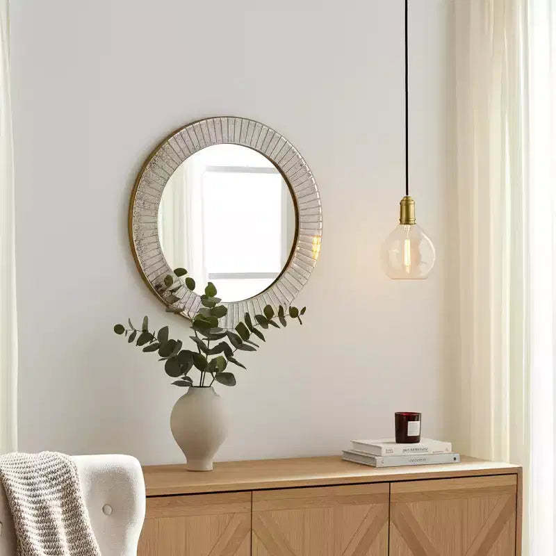 Round Mirror Textured Frame - Gold Metallic Finish - Modern Style for Home, Office, Bedroom, or Living Room Wall Decor