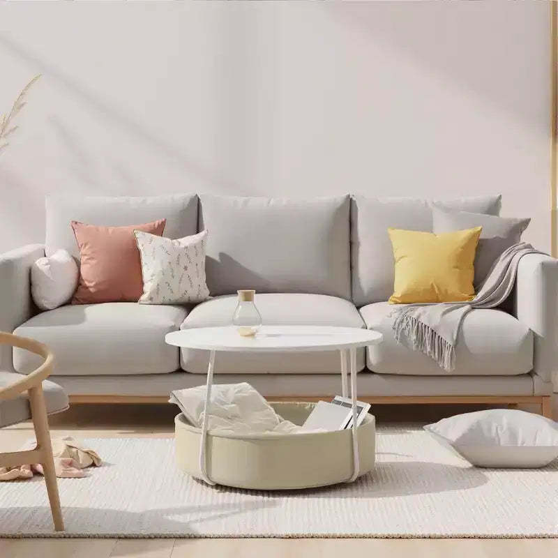 FurnitureR 2-Tier Round Coffee Table with Fabric Storage Basket, Modern 29.53-Inch Accent Center Table for Living Room Bedroom Office, White/Camel