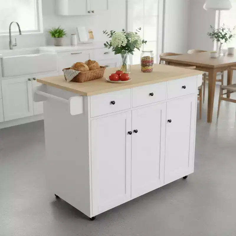 FurnitureR Mobile Kitchen Island Cart with Folding Drop Leaf, 45.3 Wide Kitchen Storage Cabinet on Wheels, Rolling Space-Saving Prep Table, White