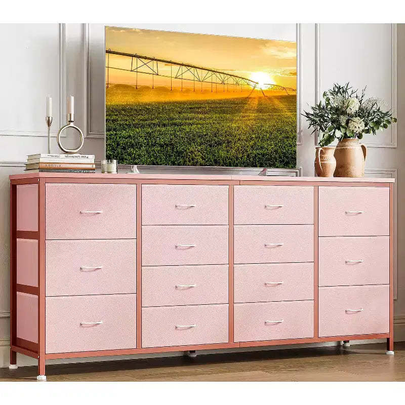 63 W Dresser Tv Stand for 65 70 75 Inch Tv, 14 Drawer for Bedroom with Power Outlets, Large Long Fabric Dresser Entertainment Center