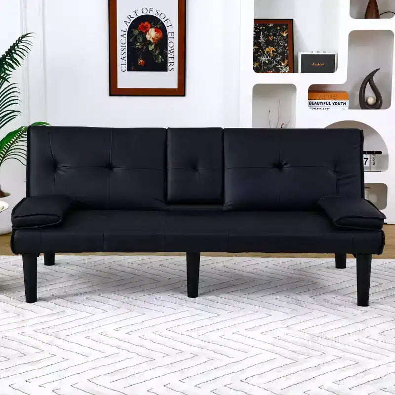 MAYEERTY 67 Inch Black PVC Multifunctional Sofa Bed with a Foldable and Cup Holder Design for Living Room Bedroom