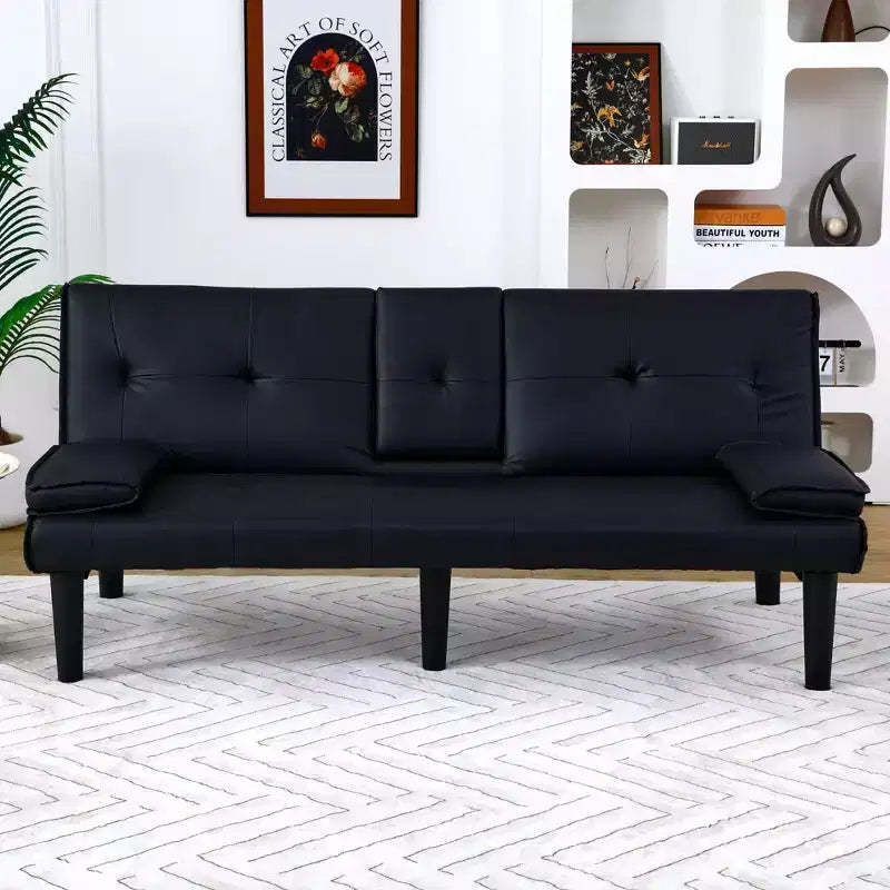 MAYEERTY 67 Inch Black PVC Multifunctional Sofa Bed with a Foldable and Cup Holder Design for Living Room Bedroom
