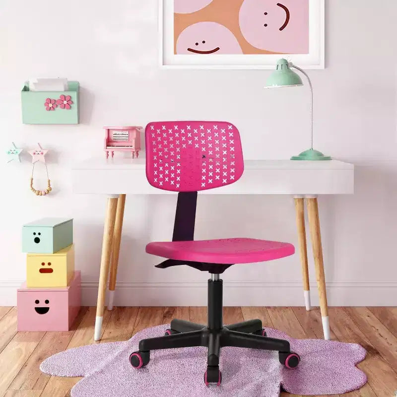 FurnitureR Kids Desk Chair Armless Cute Kids Office Chair, Plastic Low Back Rolling Home Office Chair with Cushion Seat Adjustable Swivel Chair, Pink