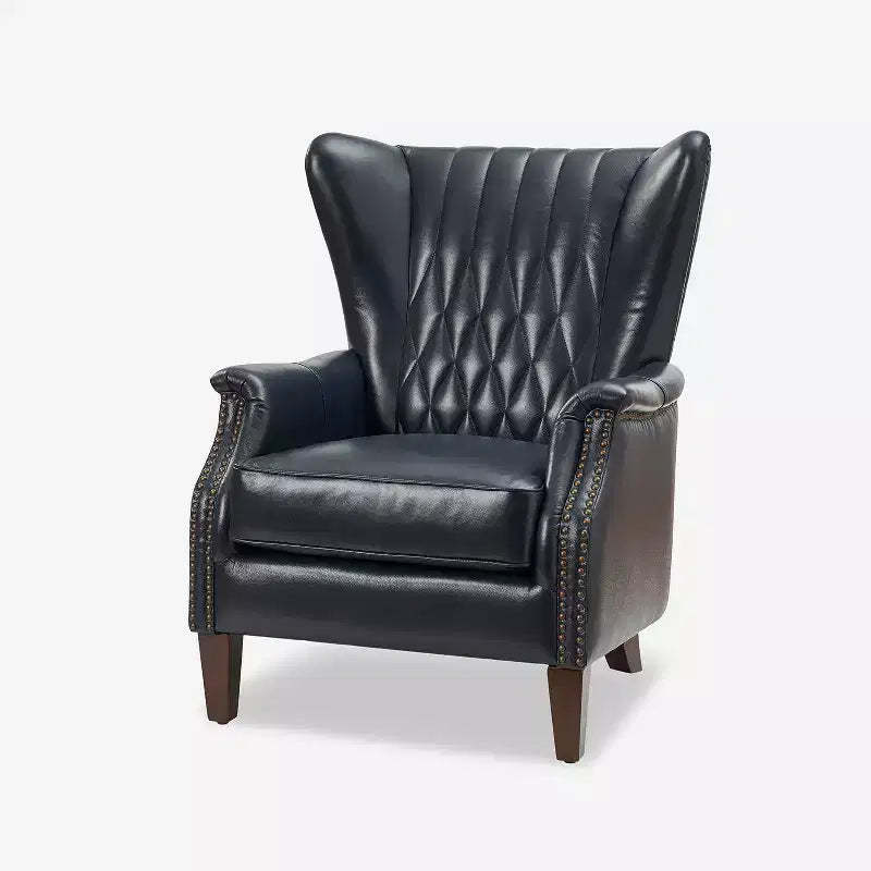 Wallace Genuine Leather Armchair with Nailhead Trims and Solid Wood LegsHULALA HOME-NAVY