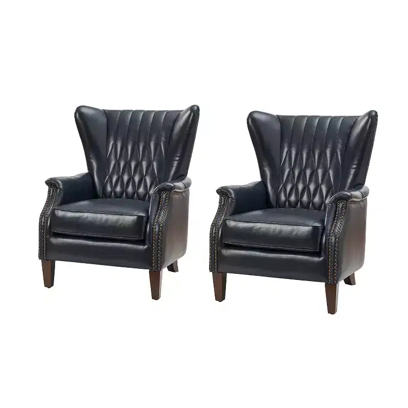 Wallace Genuine Leather Armchair with Nailhead Trims and Solid Wood Legs Set of 2HULALA HOME-NAVY