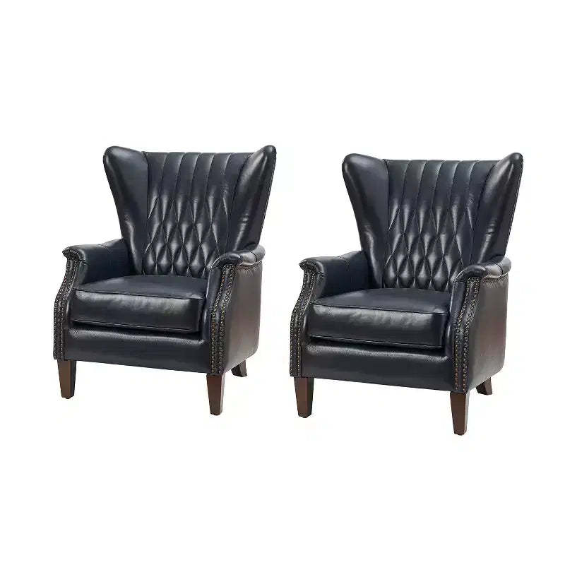Wallace Genuine Leather Armchair with Nailhead Trims and Solid Wood Legs Set of 2HULALA HOME-NAVY