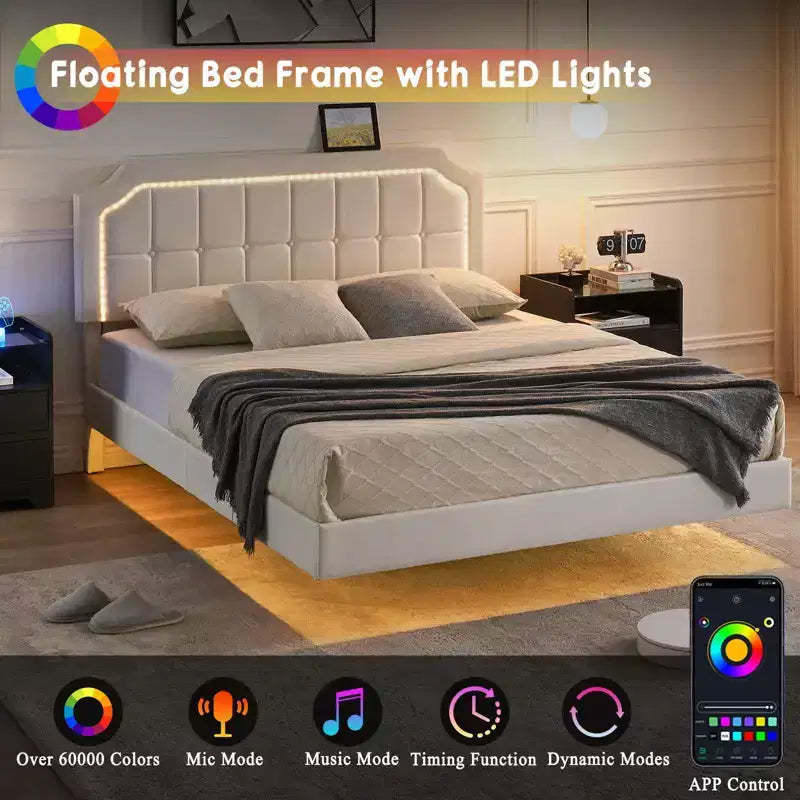 TruAIR Queen Floating Bed Frame with Adjustable Headboard  Upholstered Platform, Metal Frame, No Box Spring Needed, Quick Assembly, White
