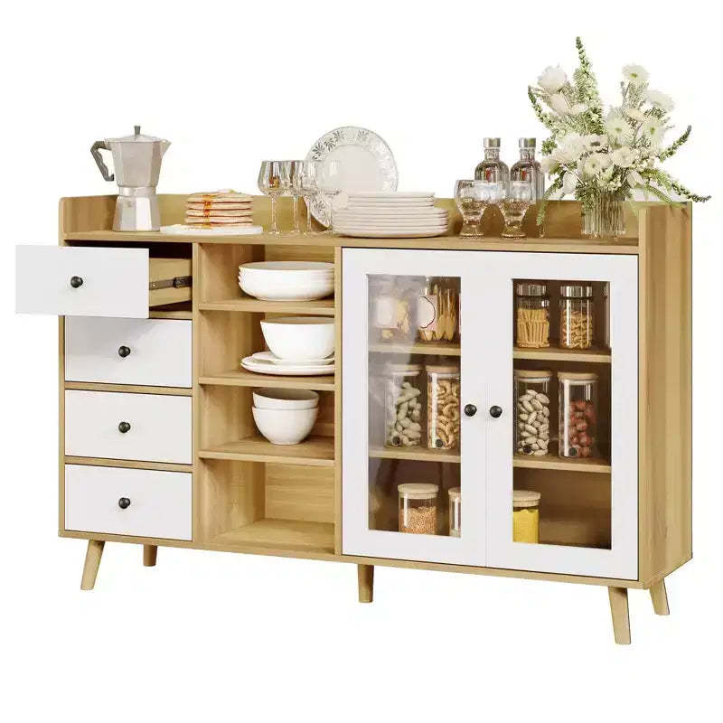 55 Rustic Kitchen Storage Cabinet, Sideboard Cabinet with Drawers - Kitchen Buffet Cabinet with Glass Doors & Adjustable Shelves