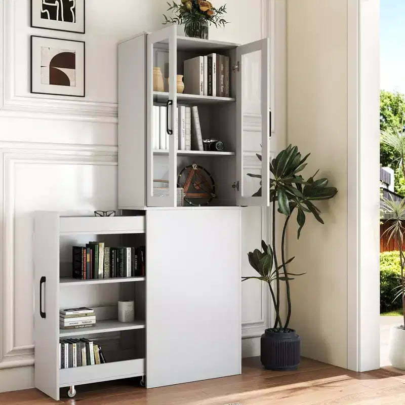 JVNOXK-70.87inch Tall Display Storage Cabinet with Four-Tier Multi-Function Pull-Out Shelves and Double Glass Doors, Kitchen Storage Cabinet-Wood