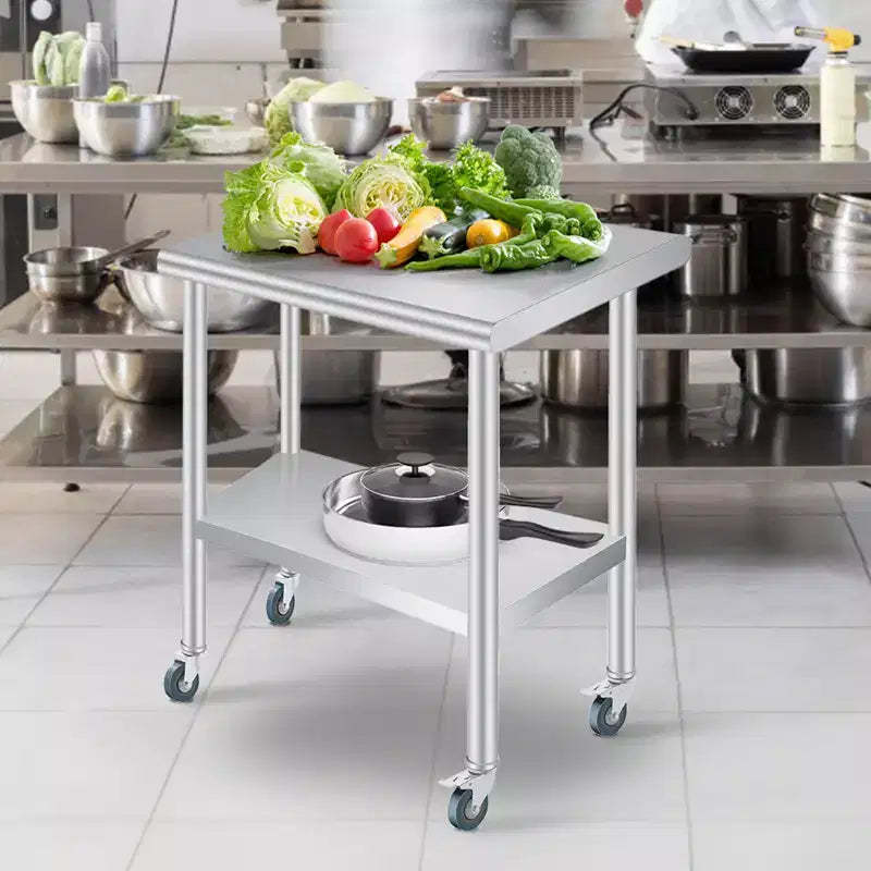 Stainless Steel Prep Table with Rounded-Corner, Adjustable Undershelf and 4 Caster Wheels, Commercial Heavy Duty Table with Adjustable Under Shelf