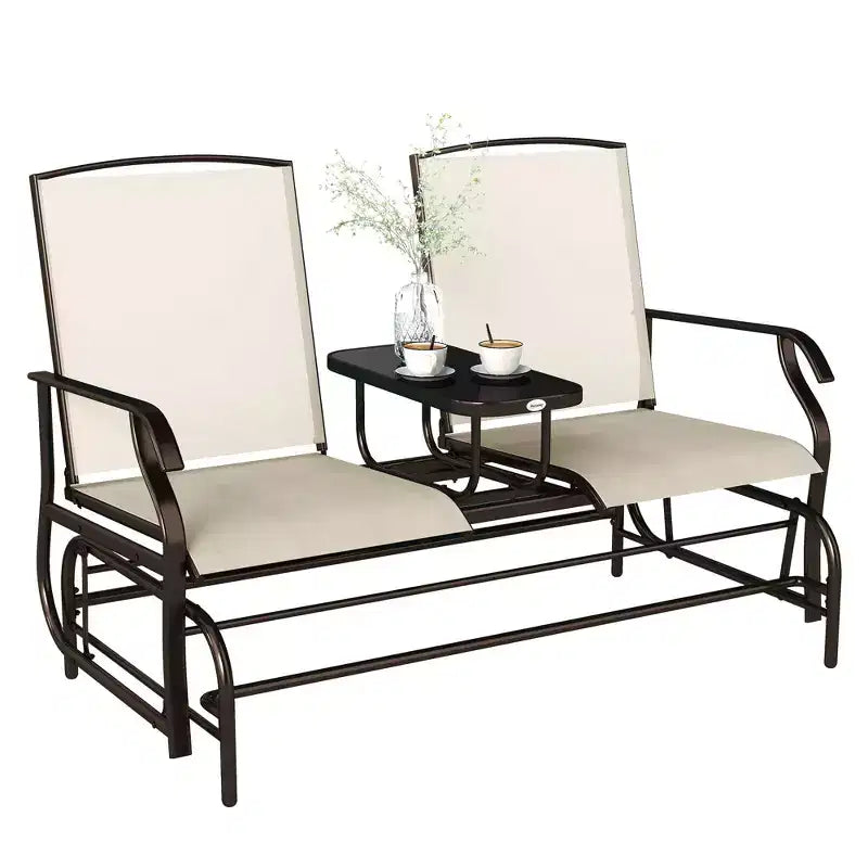 Outdoor Glider Bench with Center Table, Metal Frame Patio Loveseat with Breathable Mesh Fabric and Armrests for Backyard Garden Porch