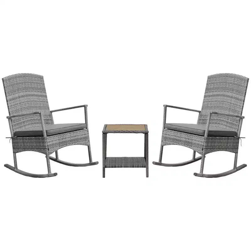 3 Piece Outdoor PE Rattan Rocking Chair Set, Patio Wicker Recliner Rocker Chair with Soft Cushion & Nature Wood Top Coffee Table