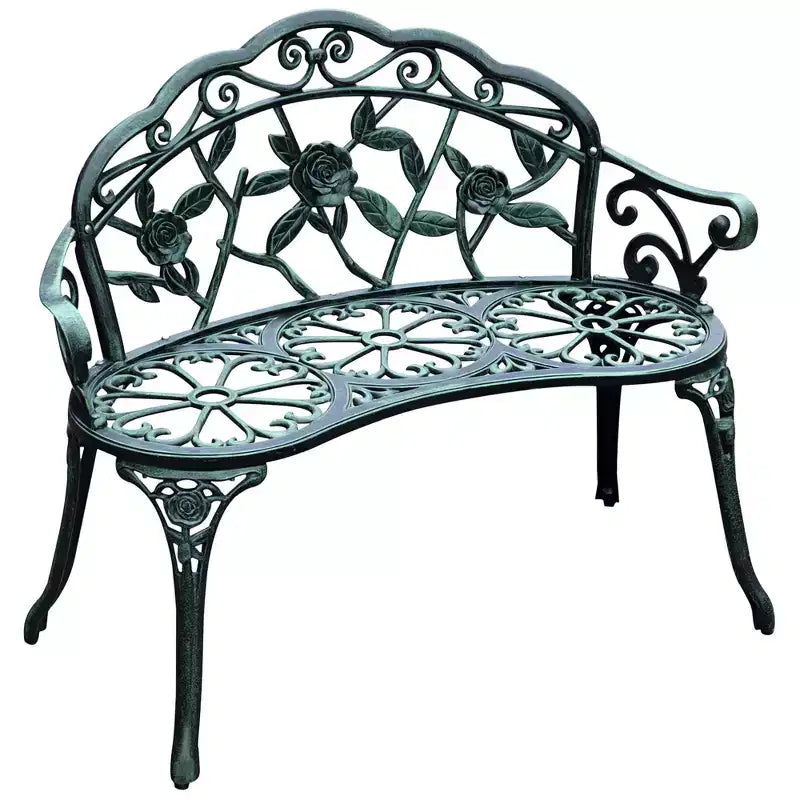 Outdoor Bench, Cast Aluminum Outdoor Furniture, Metal Bench with Floral Rose Accent & Antique Finish