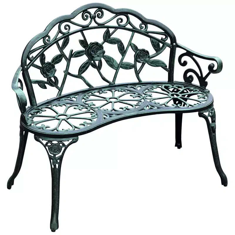 Outdoor Bench, Cast Aluminum Outdoor Furniture, Metal Bench with Floral Rose Accent & Antique Finish