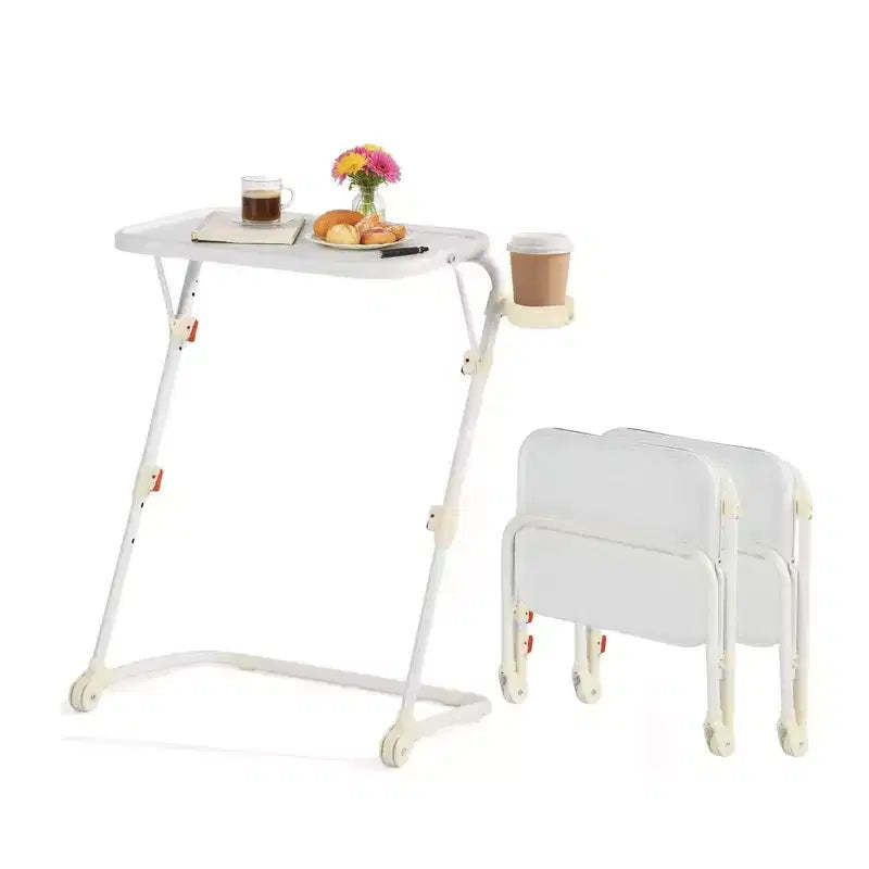 FurnitureR Adjustable Folding TV Tray with 4 Height & 3 Tilt Angle, Foldable Dinner Trays Laptop Snack Table with Cup Holder Sofa, 3PCS. White