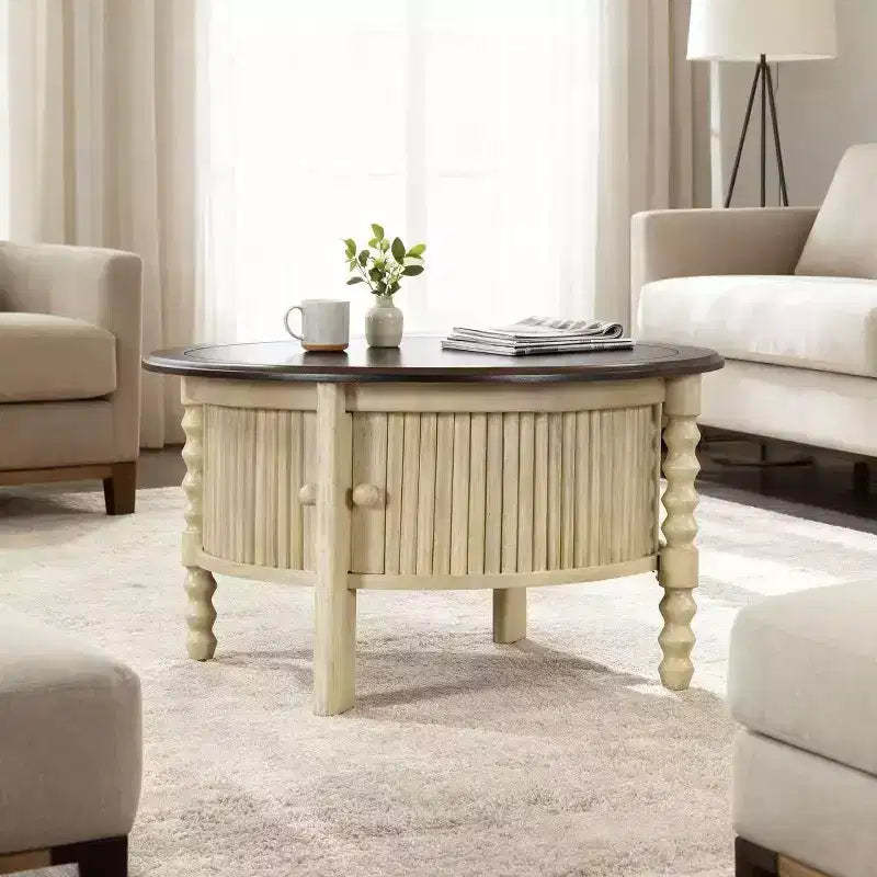 Homy Casa Coffee Table  Round Wood Sliding Door Coffee Table with Soild Legs