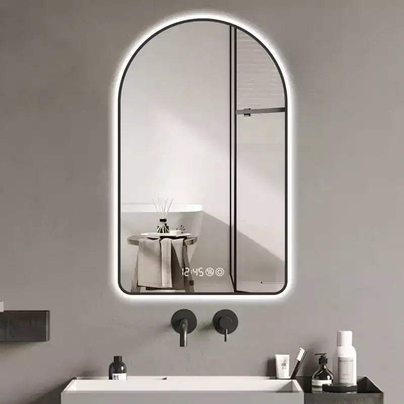 28x48 Arched LED Bathroom Mirror: Time/Temperature Display, Backlight, Anti-Fog, Dimmable, Black Frame