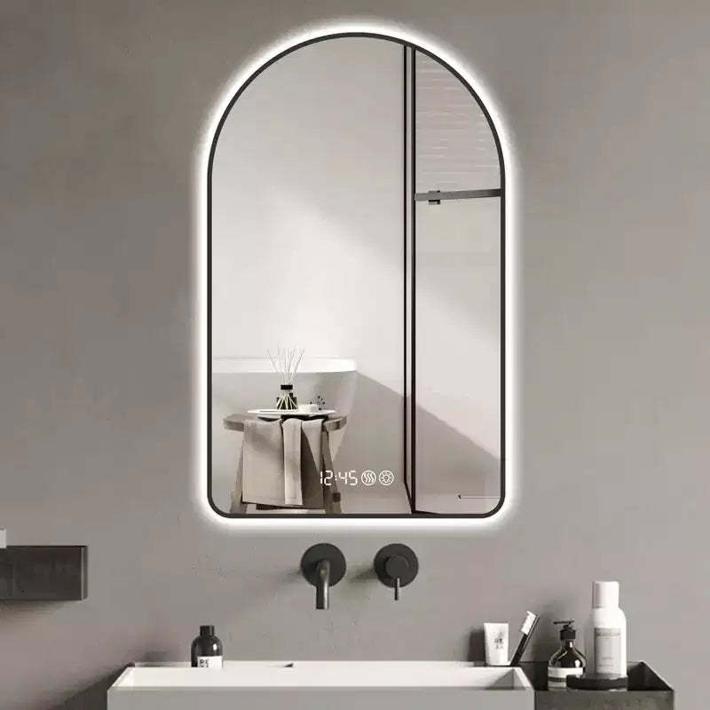 28x48 Arched LED Bathroom Mirror: Time/Temperature Display, Backlight, Anti-Fog, Dimmable, Black Frame