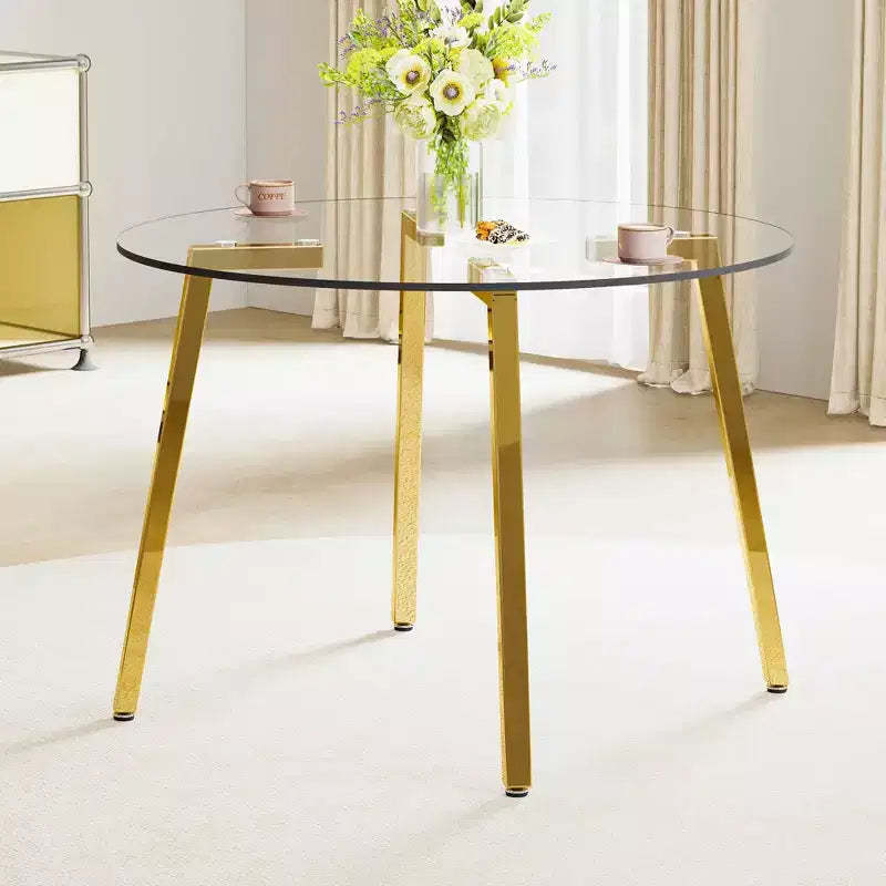 Okak 42IN Stylish Tempered Glass Dining Table, Kitchen Table with Gold Metal Legs, Round Table for Living Room, Dining Room, Kitchen, Gold