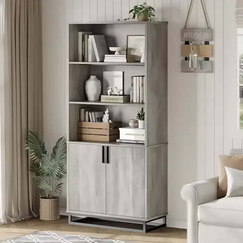 GustoWave 71 5-Tier Farmhouse Bookshelf with Storage Cabinet & Adjustable Shelves, Floor Standing Display Book Shelf for Home Office, Grey