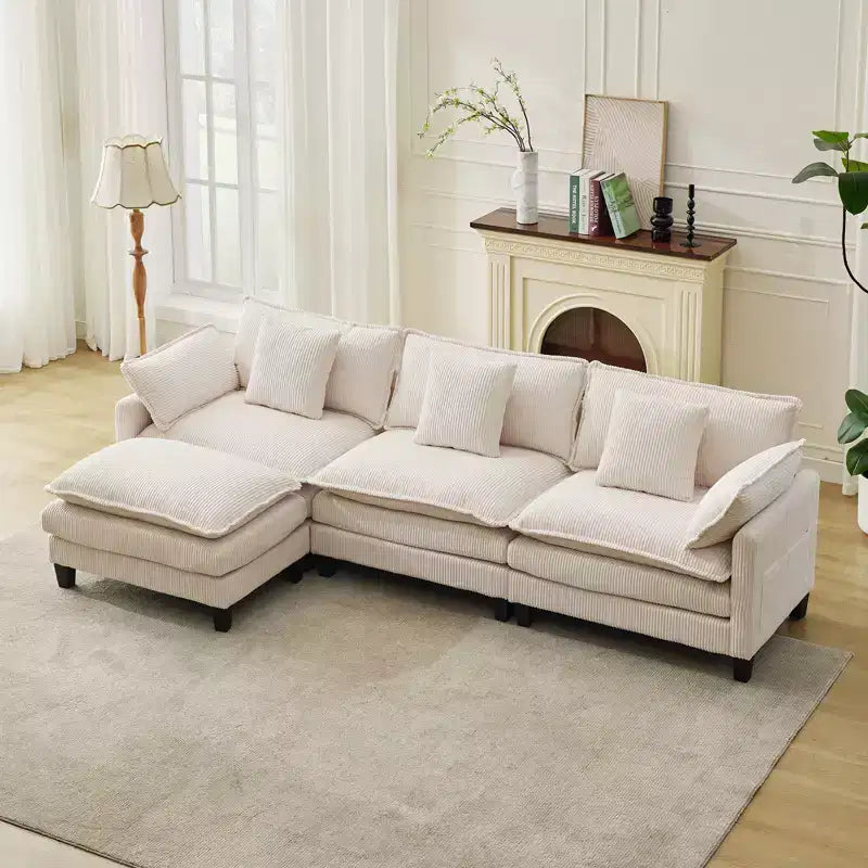 3-Seater Sectional Sofa with Footstool, Deep Corduroy Sofa, Double Cushions, Plush Back and Armrest Pillows, Comfortable Cloud Sofa for Living Room