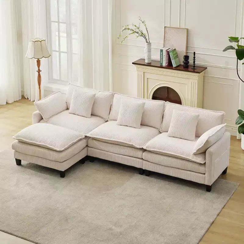3-Seater Sectional Sofa with Footstool, Deep Corduroy Sofa, Double Cushions, Plush Back and Armrest Pillows, Comfortable Cloud Sofa for Living Room