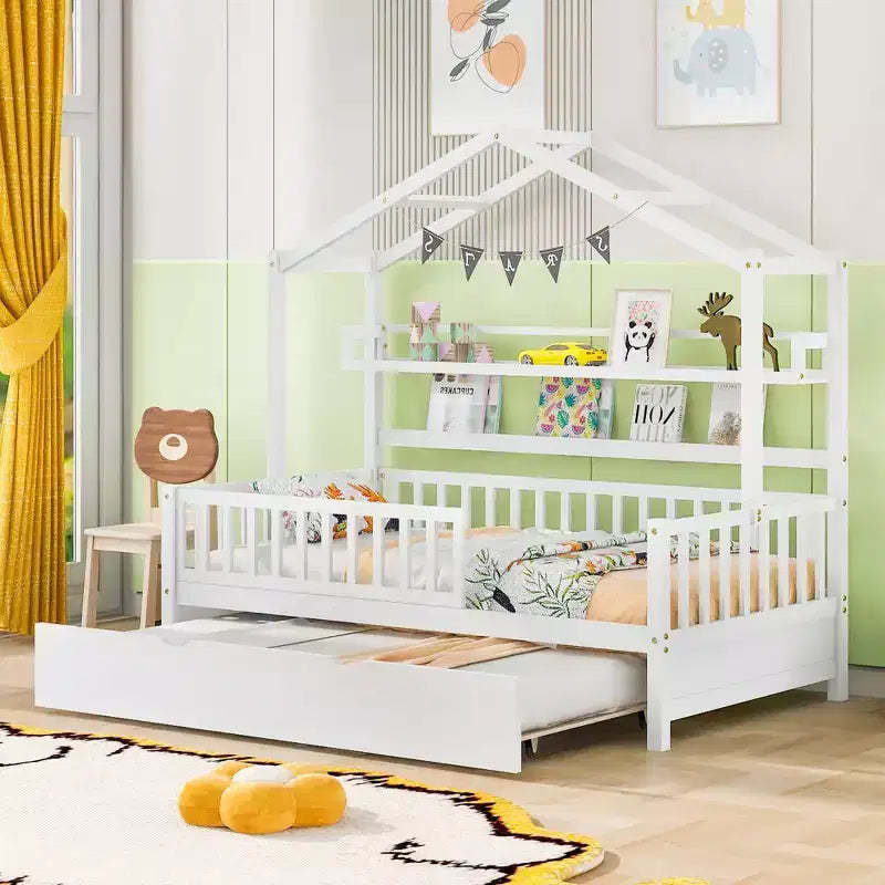 House Bed with Trundle and Storage Shelves, Kids Platform Bed with Fence Rails Wood Playhouse Tent Bed Frame for Girls Boys, White