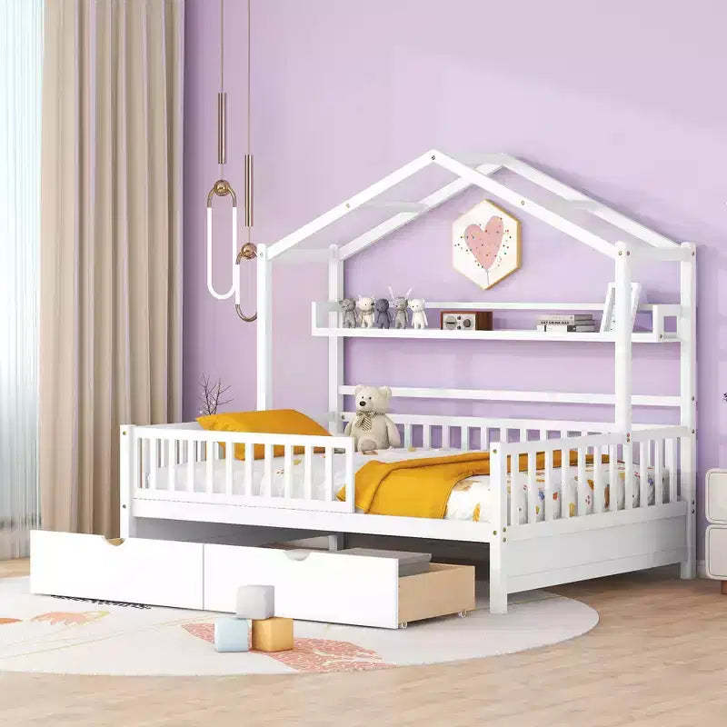 Full Size House Bed with Drawers and Storage Shelves, Kids Platform Bed with Fence Rails Wood Playhouse Tent Bed Frame for Girls Boys, White
