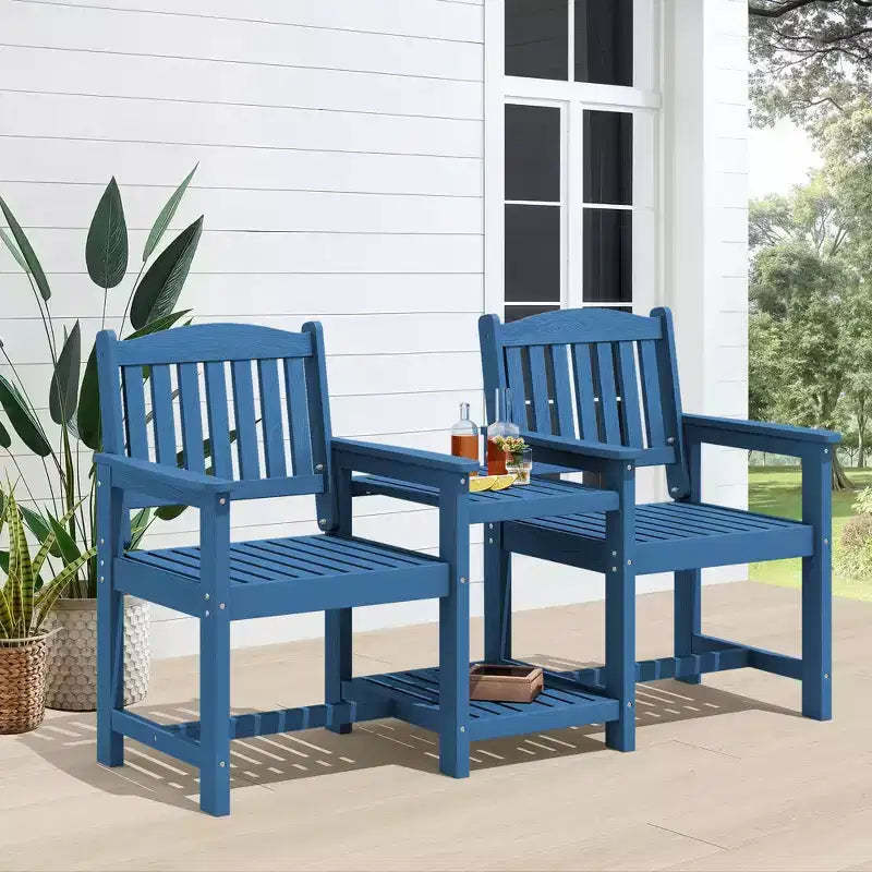 Hyleory HDPE Double Outdoor Chair with 2-Tier Side Table, Weather Resistant Patio Loveseat with Built-In Table