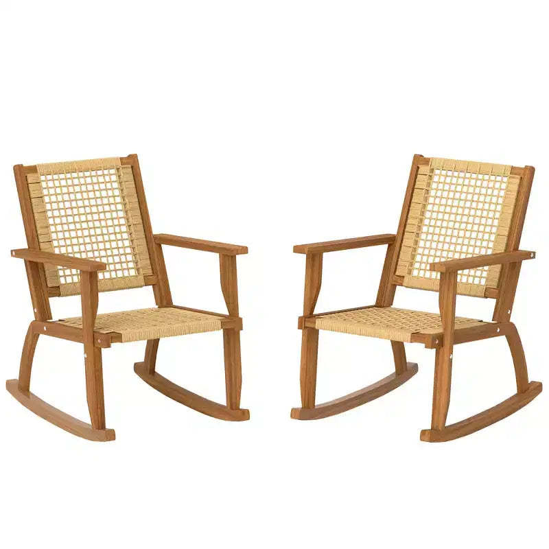 Outdoor Lawn Rocking Chair Set of 2, Acacia Wood Patio Rocking Chairs with Wicker Back and Seat for Garden