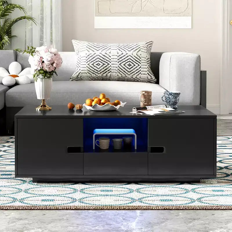 Modern High-Gloss Rectangular Coffee Table with Storage Space and 16-Color LED Lighting, Making it a Perfect Choice for Living Room Decorate