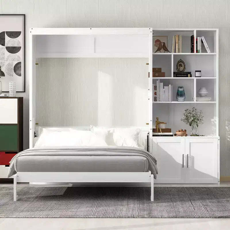 Full Size Murphy Bed Wall Bed with Storage Shelves, Folding Wall Bed with Cabinet for Bedroom Guest Room, White