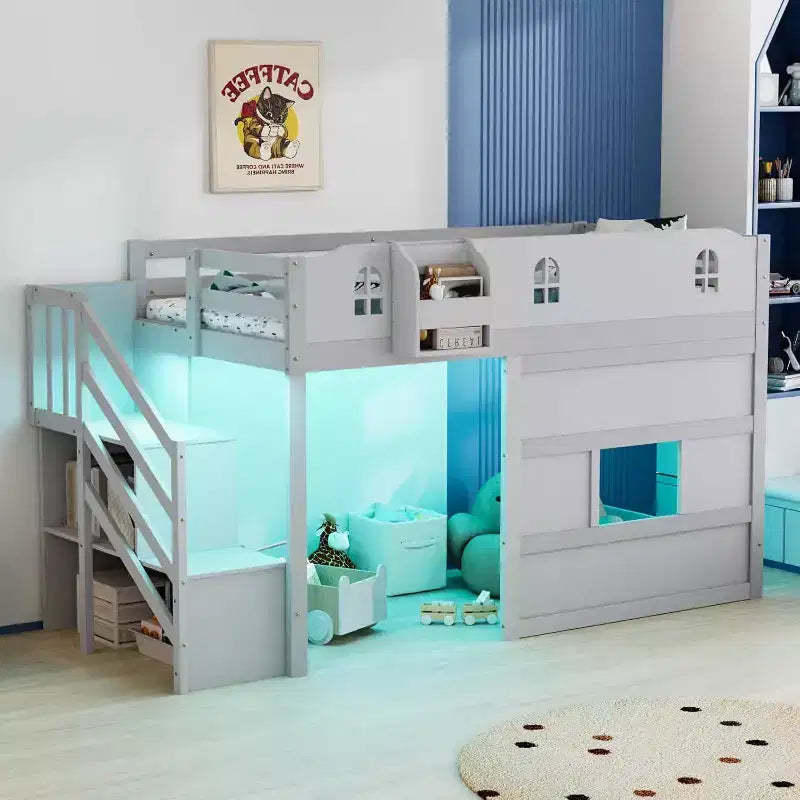 JOYMOR Low Loft Bed with Led Light, Loft Bed Twin Size with Castle Guardrail and Window, Staircase and Book Rack, Smart APP Control