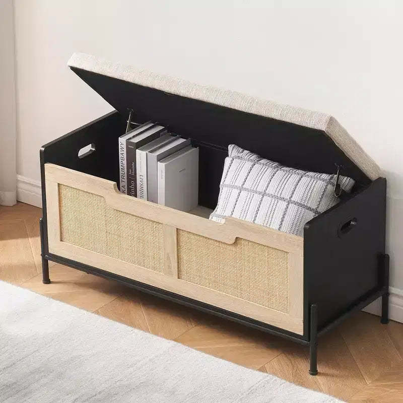 Rattan Storage Bench with Cushion, Toy Box w/2 Safety Hinges, 39.4 Toy Chest for Bedroom, Storage Bench with Storage, Shoe Bench, for Living Room