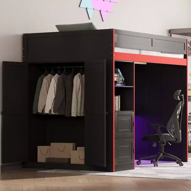 Twin/Full Gaming Loft Bed with Desk, Storage & LED Lights, Wood Bed Frame, Black - ModernLuxe